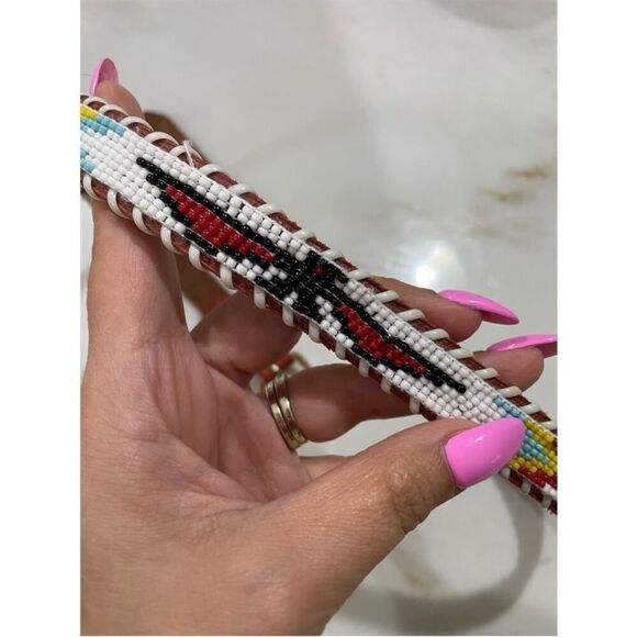 Vintage Accessories - Vintage Beaded Leather Belt Western Native American Thunderbird size small